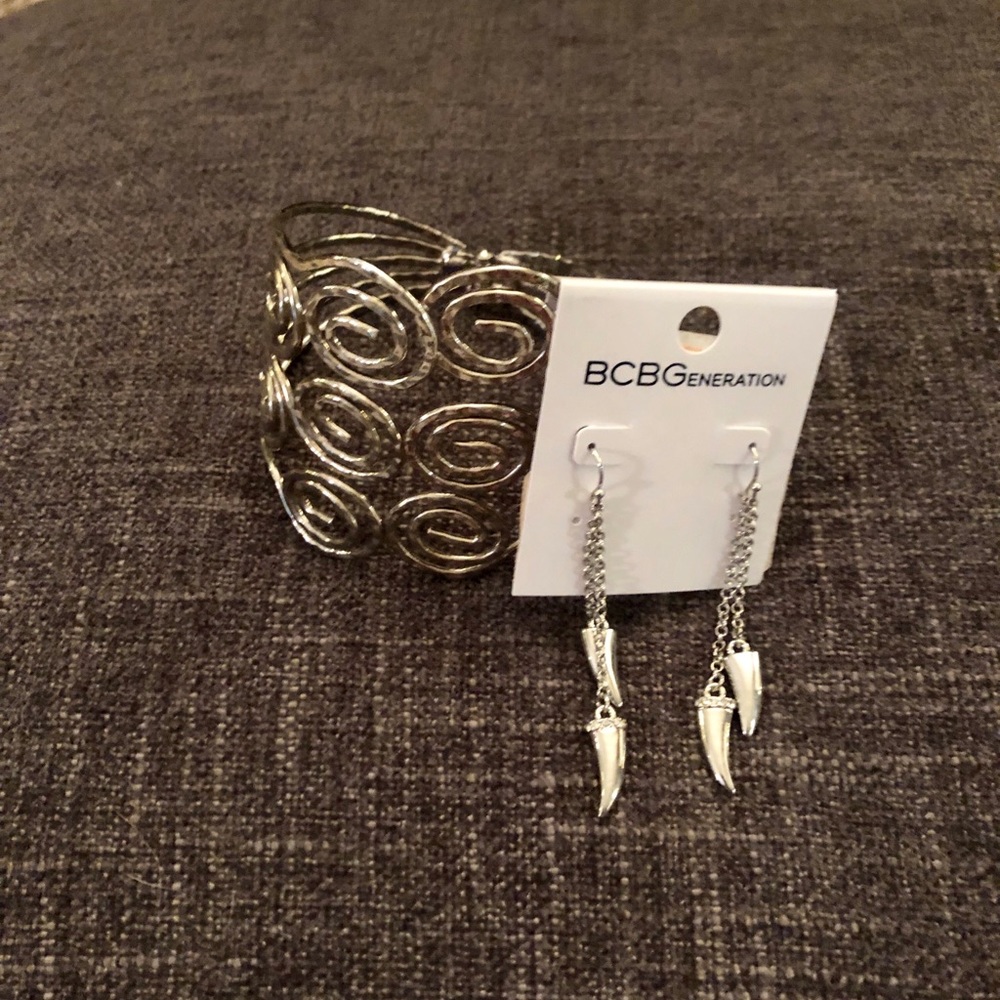 BCBG Silver Cuff Bracelet & Silver Dangle Earings